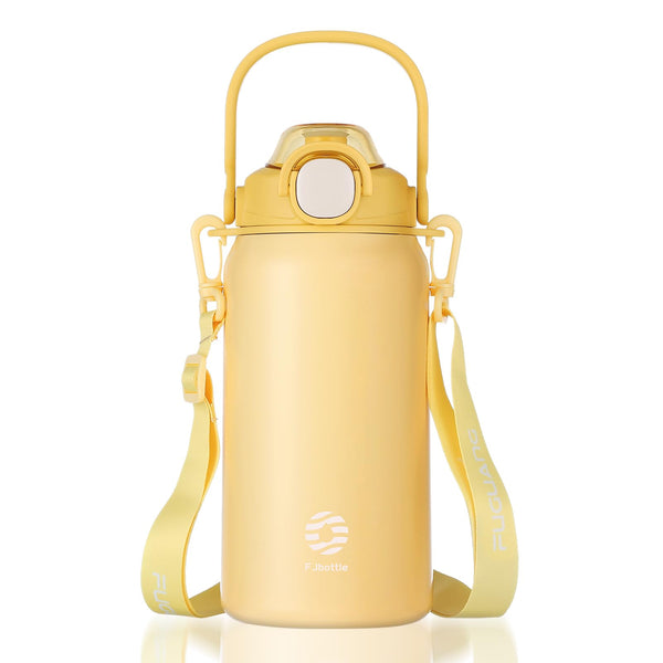 1.3リットルの真空断熱冷水筒、ストロー付きで直接飲める、二通りの使い方ができる水筒、ショルダーストラップ付き、大容量 、黄色