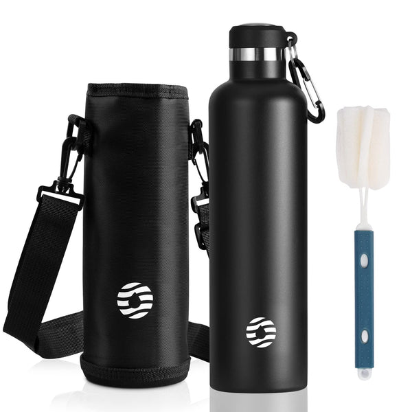 1L Vacuum Insulated Thermal Water Bottle Sports Bottle with carry bag, direct drinking, black