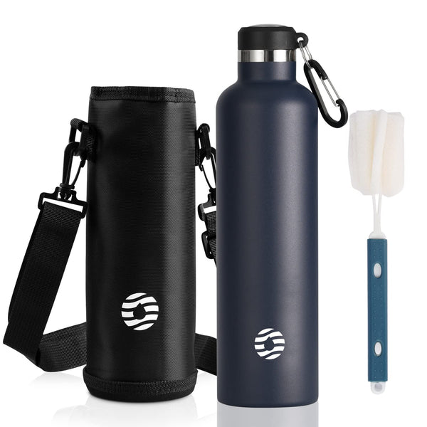 1L Vacuum Insulated Thermal Water Bottle Sports Bottle with carry Bag, Direct Drinking, Blue