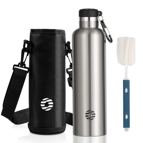 1L 真空断熱保温水筒 スポーツボトルは斜めがけバッグ付きで、直飲み、銀色