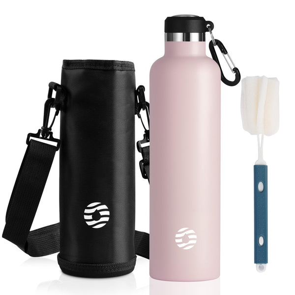 1L Vacuum Insulated Thermal Water Bottle Sports Bottle with carry bag, direct drinking, pink