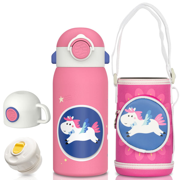 600ml vacuum insulated children's water bottle with straw, 2-way stainless steel bottle, carrying bag included, pink unicorn