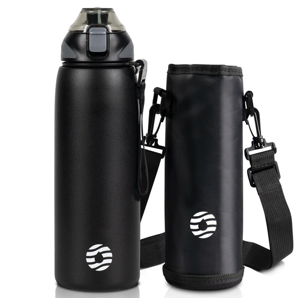 1L 真空断熱保温水筒 一触れで開けられる、スポーツボトルに斜め掛けバッグ付き、ネイビーブルー、黒