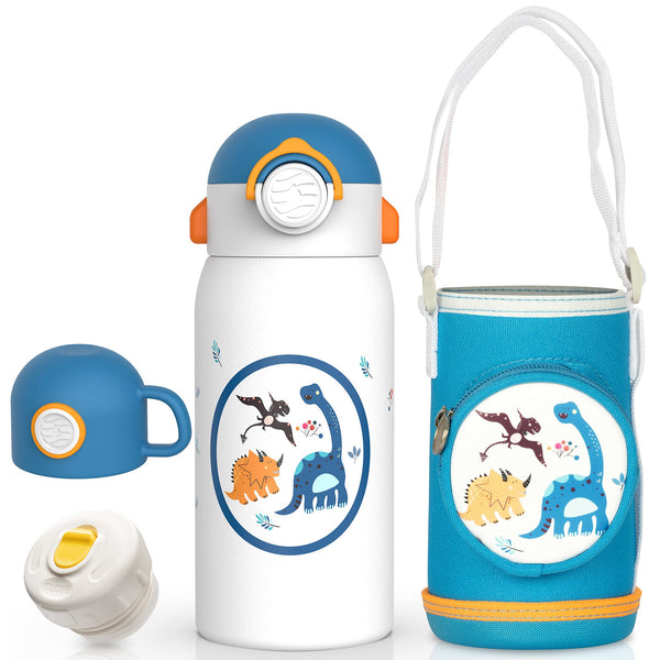 600ml vacuum insulated children's water bottle with straw, 2WAY type stainless steel bottle, carrying bag included FJbottle, White Dinosaur