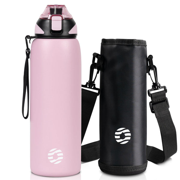 1L vacuum insulated insulated thermal water bottle, one touch to open, sports bottle with carry bag, powdery