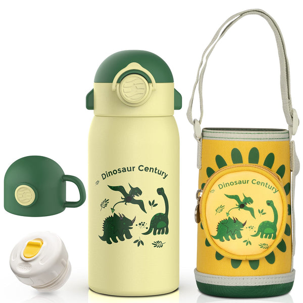 600ml vacuum insulated children's water bottle with straw, 2WAY type stainless steel bottle, carrying bag included FJbottle, Yellow Dinosaur